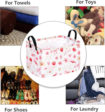 Empty Gift Basket for Girls Heart Print Storage Cube for Women, Closet Shelf Waterproof Organizer Bins with Handles Nursery hamper Kids Toys Books Box Room Deco