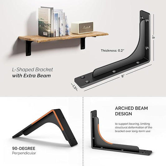 BATODA 8" x 5" L Bracket with Beam - Shelf Brackets Black 300 Lbs Capacity - Heavy Duty Shelving Brackets for Floating Shelves - Wall Mounted Support for DIY – Mounting Hardware Included (Pack 4)