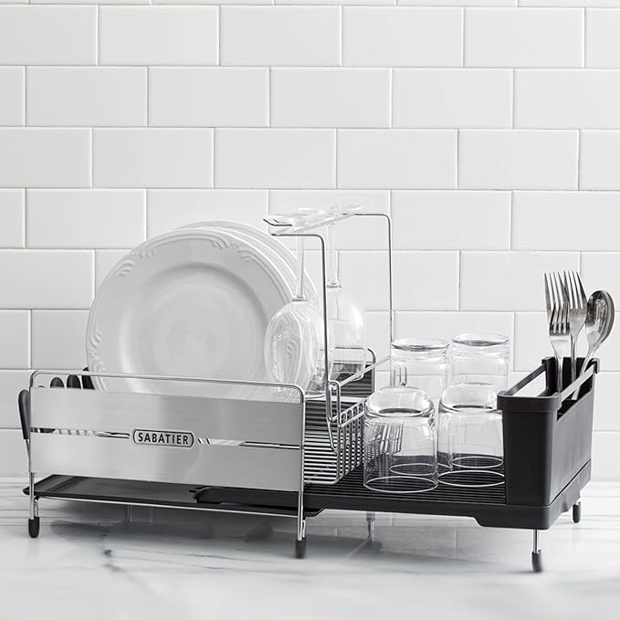 Sabatier Expandable Stainless Steel Dish Rack with Rust-Resistant Soft Coated Wires and Bi-Directional Spout, with Utensil Caddy and Removable Stemware Holder