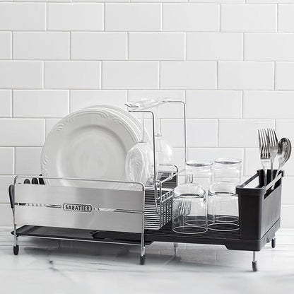 Sabatier Expandable Stainless Steel Dish Rack with Rust-Resistant Soft Coated Wires and Bi-Directional Spout, with Utensil Caddy and Removable Stemware Holder