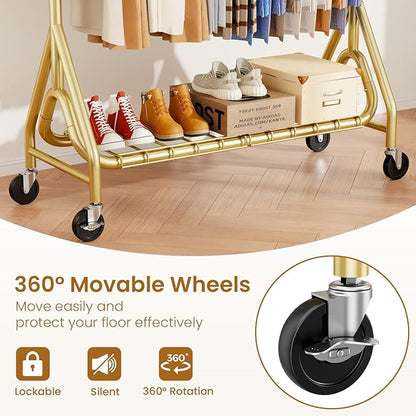 Double Rods Clothing Rack, Heavy Duty Clothes Rack for Hanging Clothes Load 560LBS, Metal Rolling Garment Racks with Wheels, Freestanding Clothes Hanging Racks, Gold