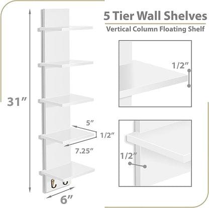 Sorbus 5 Tier Wall Shelf Unit with Hooks, Vertical Column Utility Shelving for Home Decor and Storage Organizer, Wall-Mounted Floating Shelves for Bathroom Storage, Bedroom (2 Pack)