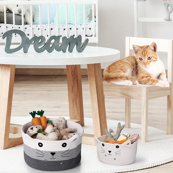 Zopeal Cat Basket Storage Woven Organizer with Ears Easter Decorative Gift Pet Toy Cute Cotton Rope Basket for Gift Cat Dog Toy Bin Nursery Room(13.7 x 7.8 Inch,White, Light Gray, Dark Gray)