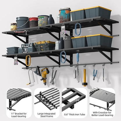 2-Pack 2x4ft Garage Shelving Wall Mounted, Heavy Duty Garage Storage Shelves with 12 Hooks, 2' x 4' Wall Mount Shelves with 500LBS Capacaity