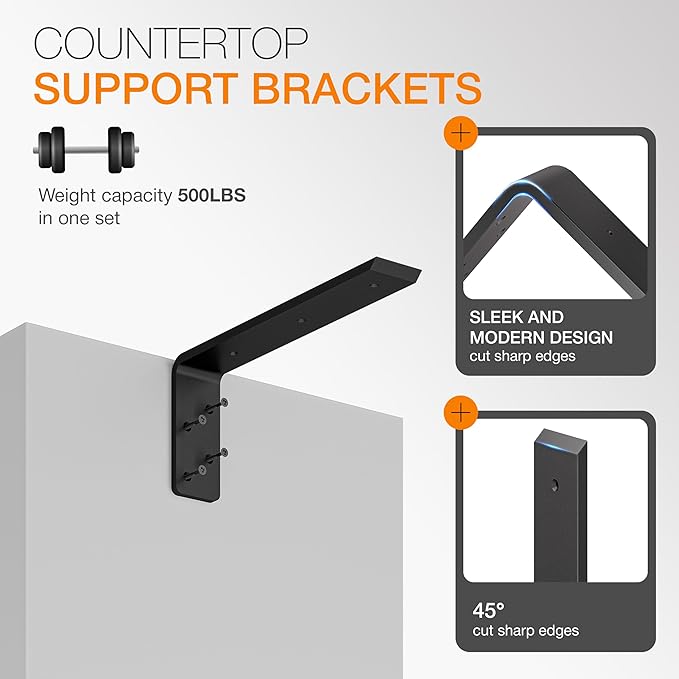 BATODA 14” Countertop Support Steel Brackets (2 pcs) for Large Granite - Heavy Duty L Floating Shelf Bracket - Black Metal Wall Mounted Support for Wood Shelving – Mounting Hardware Included
