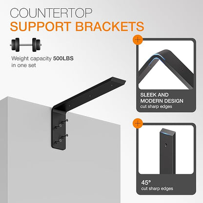BATODA 14” Countertop Support Steel Brackets (2 pcs) for Large Granite - Heavy Duty L Floating Shelf Bracket - Black Metal Wall Mounted Support for Wood Shelving – Mounting Hardware Included