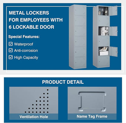 Metal Locker Cabinet with 6 Doors, 71" Storage for Employees, 6 Tier Steel Locker with Lock and Keys for School, Gym, Home, Office Staff (Grey)