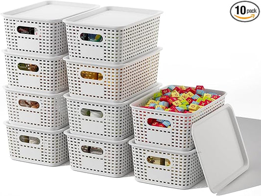 Plastic Storage Basket with Lids 10 Pack Stackable Storage Bins Containers with Lid, Decorative Storage Boxes for Organizing Shelves, Drawers, Playroom, Classroom, Office, Closet, White