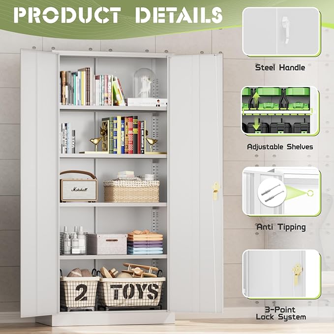 Oakcloud Metal Storage Cabinet Tool Organizer, 72" Lockable Garage Storage Tool Cabinets with 2 Doors and 4 Adjustable Shelves, Locking File Cabinet for Office, Home, School (72“ Wide-White)