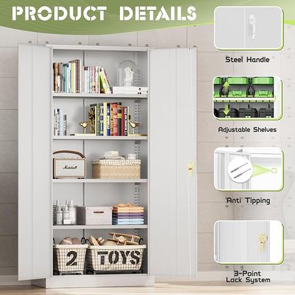 Oakcloud Metal Storage Cabinet Tool Organizer, 72" Lockable Garage Storage Tool Cabinets with 2 Doors and 4 Adjustable Shelves, Locking File Cabinet for Office, Home, School (72“ Standard-White)
