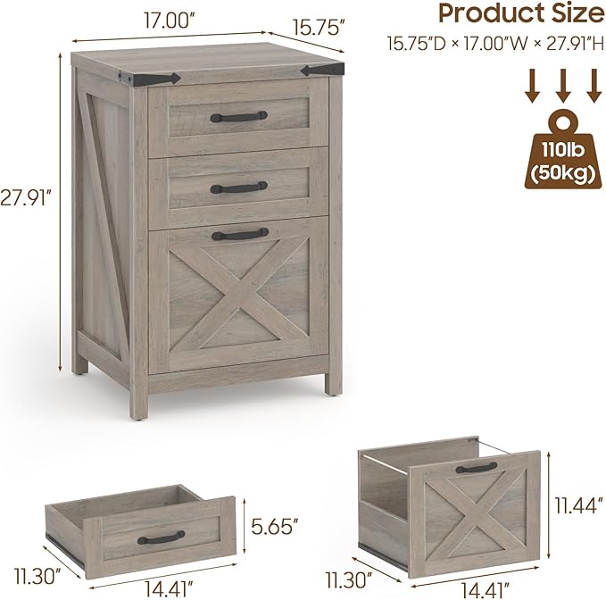 3 Drawer Small File Cabinet, Farmhouse Vertical Filing Cabinet Fits Letter and A4 Size, Under Desk Wooden File Cabinets for Home Office, Printer Stand, Grey
