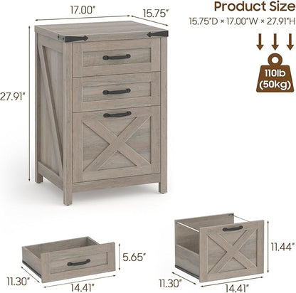 3 Drawer Small File Cabinet, Farmhouse Vertical Filing Cabinet Fits Letter and A4 Size, Under Desk Wooden File Cabinets for Home Office, Printer Stand, Grey