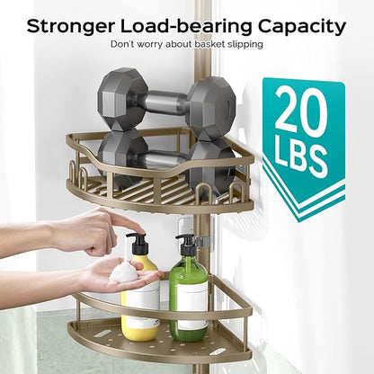 HAMITOR Corner Shower Caddy Tension Pole: Rustproof 4-Tier Bathroom Organizer Shelves for Bathtub Shampoo Storage - 47-121 Inch Quick Install Adjustable Rod Standing Rack with Soap Rack - Matte Gold
