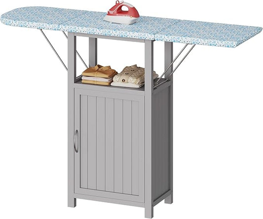 Ironing Board with Storage Cabinet, Folding Ironing Board with Extra Storage, Solid Wood Fold Down Ironing Station with Heat-Resistant Sponge for Small Spaces, Laundry Room (Brown Grey)