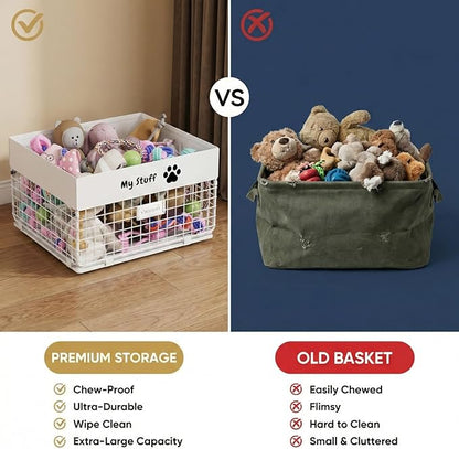 Dog Toy Box- Metal Toy basket for Dog - Dog Toys Storage Bin for Pet - Personalized Large Dog Toys Basket for Puppy and Pet- White Chew Resistant Dog Toy Chest & Organizer