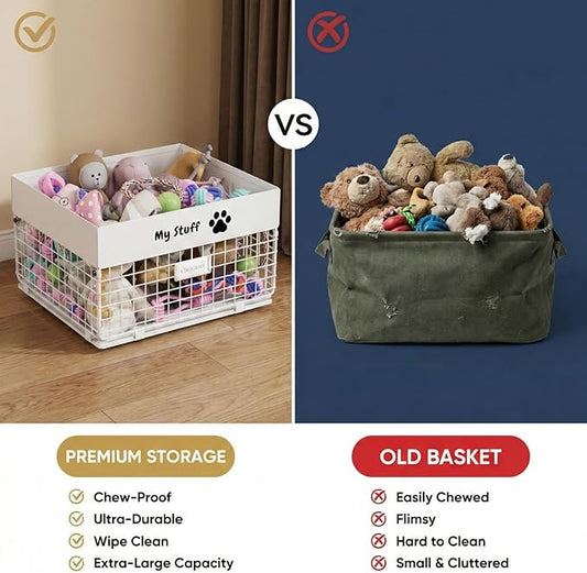 Dog Toy Box- Metal Toy basket for Dog - Dog Toys Storage Bin for Pet - Personalized Large Dog Toys Basket for Puppy and Pet- White Chew Resistant Dog Toy Chest & Organizer