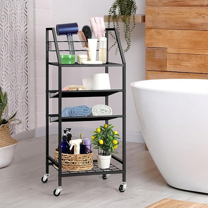 OYEAL 4 Tier Metal Bathroom Cart on Wheels Black Freestanding Bathroom Shelf Organizer with storage shelves Hair Dryer Holder Movable Towel Storage Cart for Liviing Room, Laundry Room, Kitchen