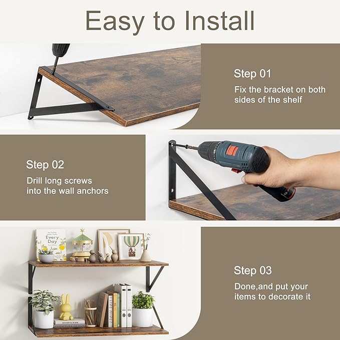 Fun Memories 40 Inch Floating Shelves, 10 Inch Deep Wall Shelf, 40 x 10 Floating Shelf Set of 2, Wood Floating Shelf Wall Mounted, Large Kitchen Living Room Bedroom Storage Shelves, Rustic Brown