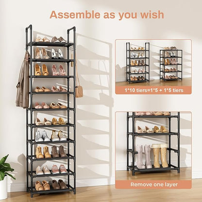 10 Tiers Shoe Rack 25 Pairs Large Capacity Tall Shoe Organizer Sturdy Shoe Storage with Two Hooks Space Saving Metal Narrow Shoe Rack for Closet, Entryway, Bedroom, Black