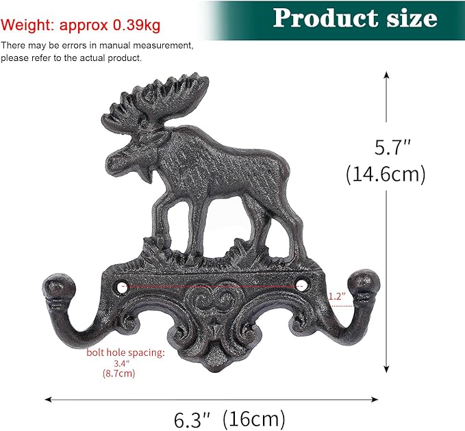 Sungmor Cast Iron Moose Wall Hook - Rustic Animal Coat Hanger for Cabin, Lodge, or Farmhouse Decor - Heavy Duty Double Hooks for Keys, Hats, Towels - Vintage Antler Wall Mount Hanger