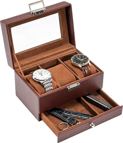 ProCase Watch Box, 3 Slot Watches Display Case with Drawer, Mens Watch Case with Glass Lid, 2-Layer Mens Jewelry Organizer Storage Holder, Birthday Valentine Gifts for Men-3 Slot, Espresso