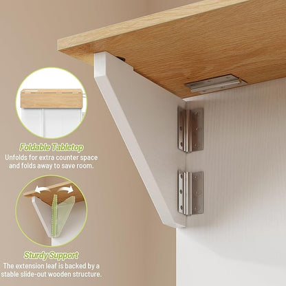 Kitchen Island with Storage, Rolling Kitchen Table with Drop Leaf, Charging Station, 3 Open Adjustable Shelf & Drawer, Towel Rack, Mobile Kitchen Cart for Dining Room, White and Natural