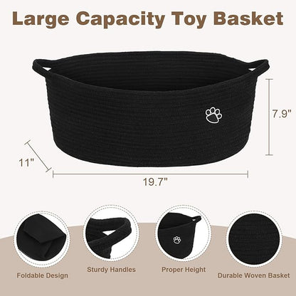 Dog Toy Basket, Toy Box and Bin for Dog Cat Storage, 19.7" X 11" X 7.9" (30L) Large Woven Rope Basket for Blanket Storage, Living Room, Bedroom, Bedroom, Black