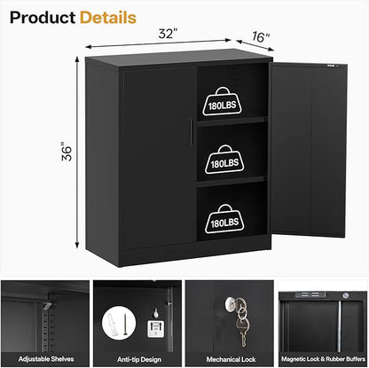 Metal Garage Storage Cabinets，Metal File Cabinet with 2 Adjustable Shelves, Lockable Storage Cabinets for Office, Home, Garage, Warehouse 36" H x 31.5" W x 15.7" D (Black)