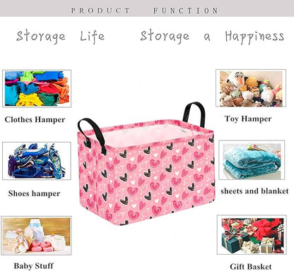 KUNRO Rectang Heart Valentine's Storage Basket Gift Shelf Basket Storage Bin, Nursery Basket Organizer Box for With Handles for Room Deco