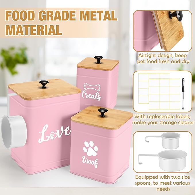 Metal Dog Treat Containers Set of 3 with Bamboo Lids and Spoon Airtight 7+3+2 lbs Dog Food Snack Jars with DIY Labels Big Pet Cookie Storage Jar for Kitchen Counter (Pink,Funny)