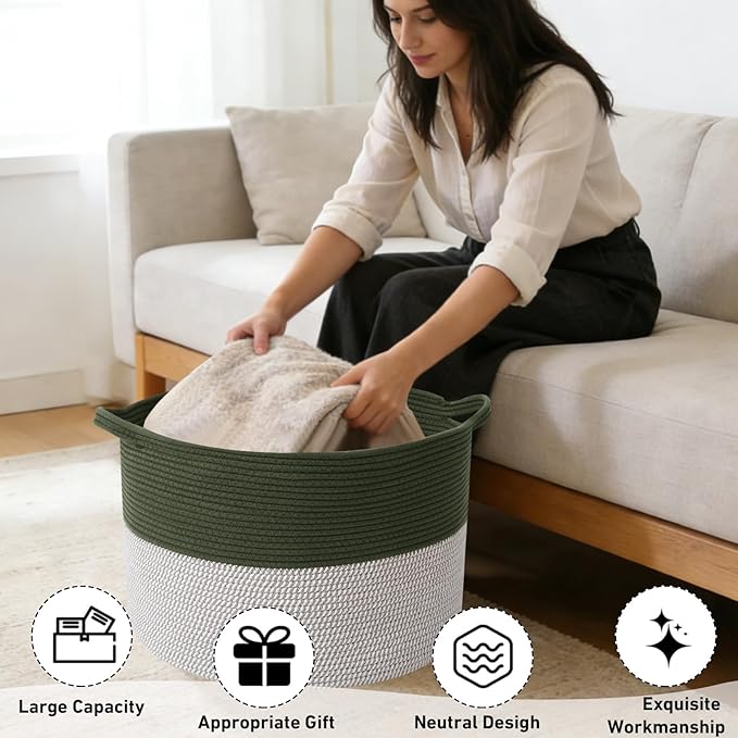 90L Large Blanket Basket,21.7"L x 21.7"W x 13.8"H Rope Woven Baskets with Handles, Toys Storage Bins,Laundry Basket Perfect for Living Room, Nursery,Bedroom,Home Organization,Green&White