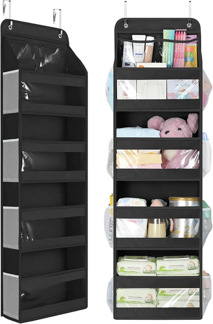 Yecaye 5 Tier 1Pc Over the Door Organizer, Swing-proof Door Organizer Hanging with Clear PVC Windows, Behind the Door Storage for Bedroom Nursery Closet Laundry Pantry Bathroom, Black