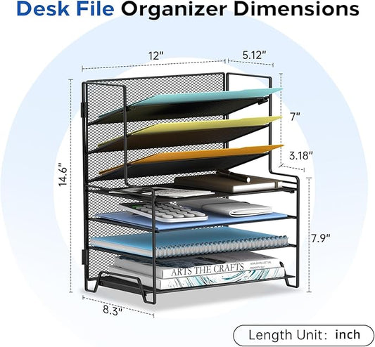 SUPEASY 7 Tier Desk File Organizer, Mesh Letter Tray Paper Organizer with File Holders, Metal Desktop Organizers and Accessories for Home Office Supplies, Black