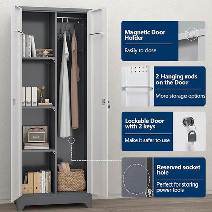 65" H Metal Garage Storage Cabinets with Doors and Shelves, Locking Cabinet, Broom Closet Storage Cabinets with Hanging Rod, Functional Tool Cabinet for Home, Garage, Kitchen