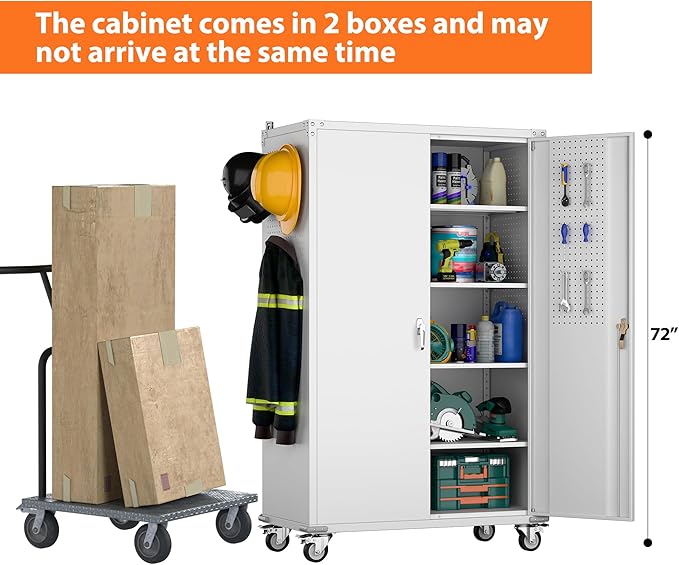 Extra Deep & Wide Metal Garage Storage Cabinet with Wheels, Magnetic Doors & Pegboard, 72" Tall Rolling Tool Organizer with 2 Tool Pouches & 4 Adjustable Shelves, Black, 43.3''W x 22''D x 72''H