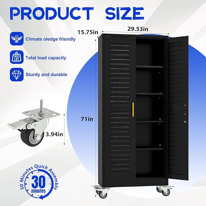 71” Metal Garage Storage Cabinet with Lock and Wheels, Metal Storage Cabinet with Louvered Door and 4 Adjustable Shelves, Rolling Tool Cabinet, Utility File Cabinet for Home Office -Black
