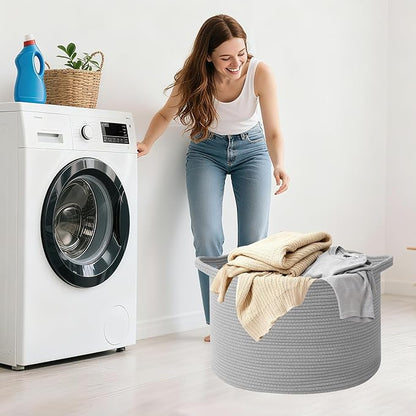 90L Large Blanket Basket,21.7"L x 21.7"W x 13.8"H Rope Woven Baskets with Handles, Toys Storage Bins,Laundry Basket Perfect for Living Room, Nursery,Bedroom,Home Organization,Light Gry