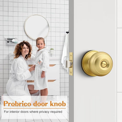 Probrico Gold Door Knobs for Bedroom Bathroom, Interior Door Knob with Round Ball, Brushed Brass Privacy Door Knob, 6 Pack
