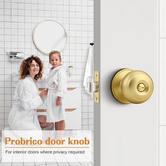 Probrico Gold Door Knobs for Bedroom Bathroom, Interior Door Knob with Round Ball, Brushed Brass Privacy Door Knob, 1 Pack