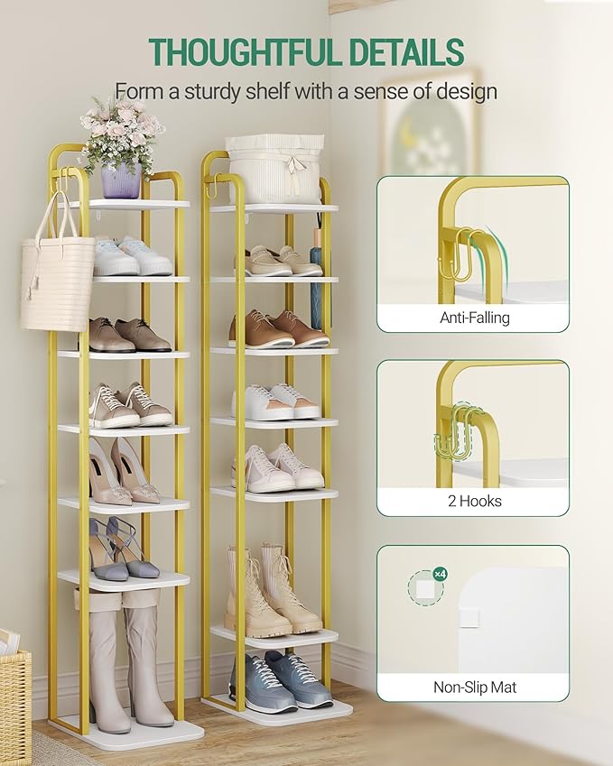 8 Tiers Vertical Shoe Rack, Narrow Shoe Tower, Tall Shoes Shelf with 2 Hooks, Adjustable Shelves, Corner Shoes Shelves for Small Spaces, Entryway, Living Room, White Gold SR04313A