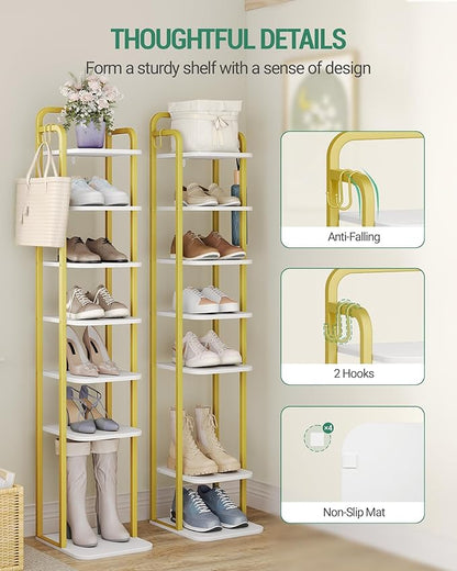 8 Tiers Vertical Shoe Rack, Narrow Shoe Tower, Tall Shoes Shelf with 2 Hooks, Adjustable Shelves, Corner Shoes Shelves for Small Spaces, Entryway, Living Room, White Gold SR04313A
