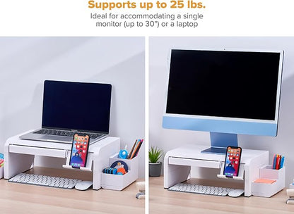 Bostitch Konnect Adjustable Monitor Riser with Drawer, Cell Phone Stand & Pencil Holder, Laptop Stand for Desk, 4 Height Levels, Cable Management & Rubber Feet
