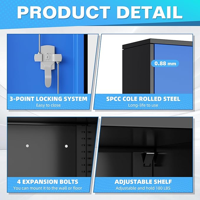 Bonusall Mental Garage Cabinets with 2 Doors and 4 Shelves, Locking Cabinet with for Storage，Steel Garage Storage Cabinets for Home Office, Warehouse，School(Black Blue)