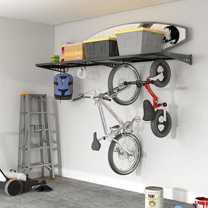 FLEXIMOUNTS 2 Pack 2x4ft Garage Storage with 4 Hooks 24x48 inch Bike Wall Shelving Rack, 660lbs Total Weight Capacity, Black, Pro Series