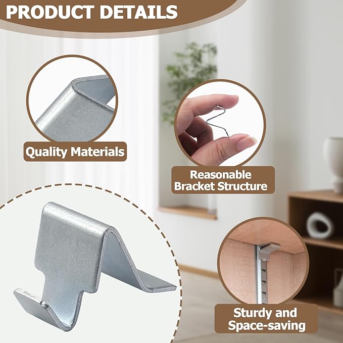 Metal Shelf Clips 10 Pcs, Silver Pilaster Shelf Brackets for Standard Pilasters, Universal Shelf Support Bracket for Metal or Wood Cabinets, Bookcases