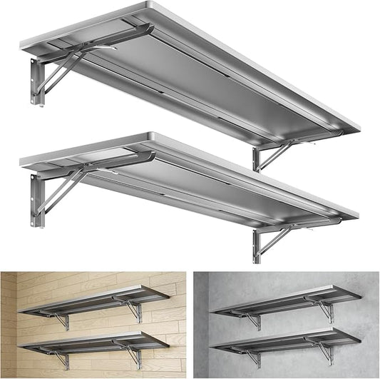 1.3x4FT Adjustable Garage Shelf Wall Mounted Fold Down Shelf Metal Heavy Duty Sliver 2Pack