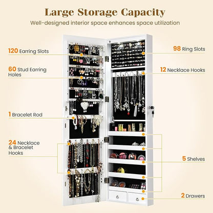Giantex Wall Door Mounted Jewelry Armoire Cabinet with 47.5" Full Length Mirror, 2 LEDs Lockable Jewelry Organizers and Storage with 2 Drawers, Over the Door Jewelry Organizer Cabinet (White)