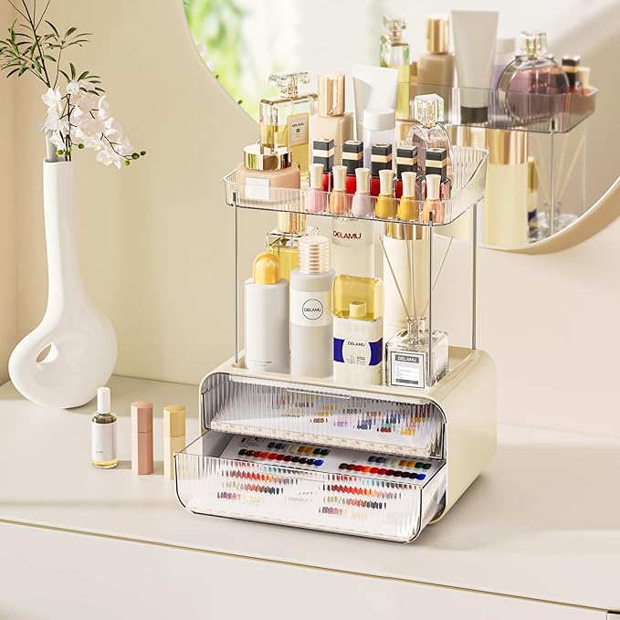 Delamu Bathroom Counter Organizer 2-Drawers 2-Tier Acrylic Makeup Organizer for Vanity Countertop, Skincare Perfume Storage, Easy Assembly, Ideal for Women, Bath Linen Sets, CreamWhite