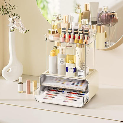 Delamu Bathroom Counter Organizer 2-Drawers 2-Tier Acrylic Makeup Organizer for Vanity Countertop, Skincare Perfume Storage, Easy Assembly, Ideal for Women, Bath Linen Sets, CreamWhite