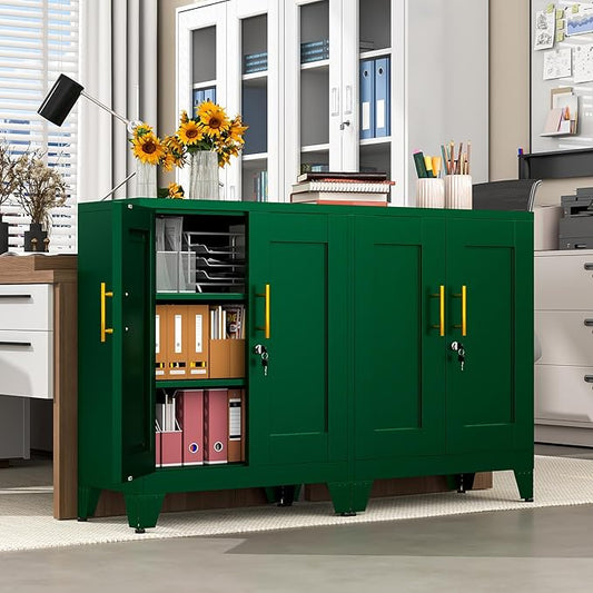 35.43" Metal Storage Cabinet with Lock, Metal File Cabinet with 2 Doors ＆ 2 Adjustable Shelves, Steel Locker Utility Tool Garage Cabinets for Home, Office, Warehouse (Green)